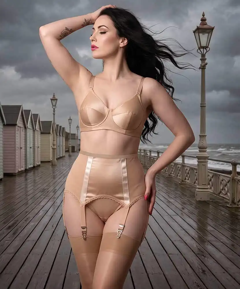 our classic vintage style beige 6 strap suspender belt - full view