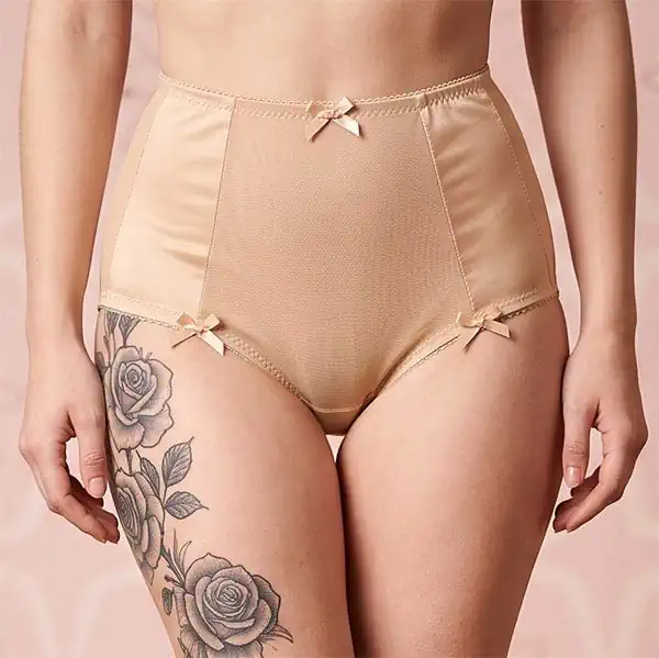 high waist vintage style panties in beige satin and power mesh