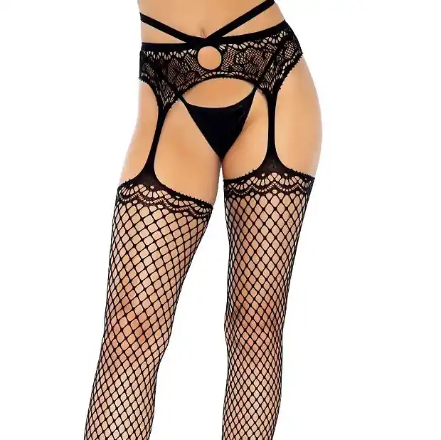 Black fencenet suspender tights with lace-effect detailing and crossover waist straps - Leg Avenue 1779