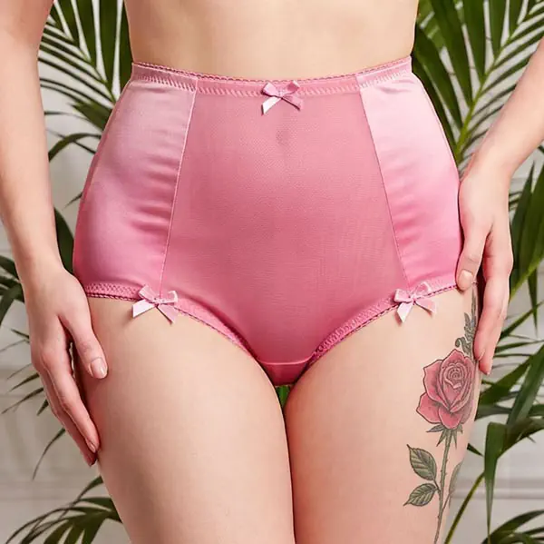 Pink high waist panties in power mesh with satin side panels and bow details