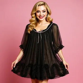 sheer black frilly babydoll and knickers set with pink bows