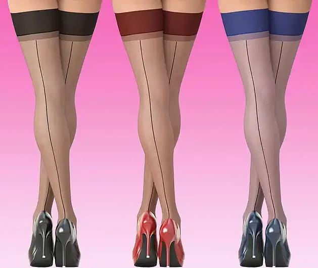 Back view of women wearing vintage seamed stockings with coloured tops and heels
